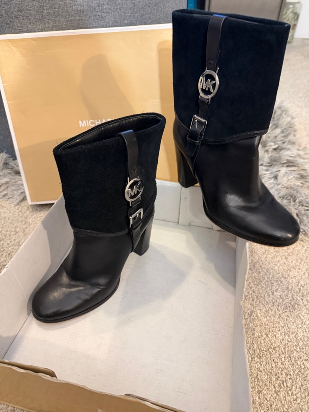 Michael Kors Black Leather & Suede Block Heel Mid-Calf Boots with MK Logo